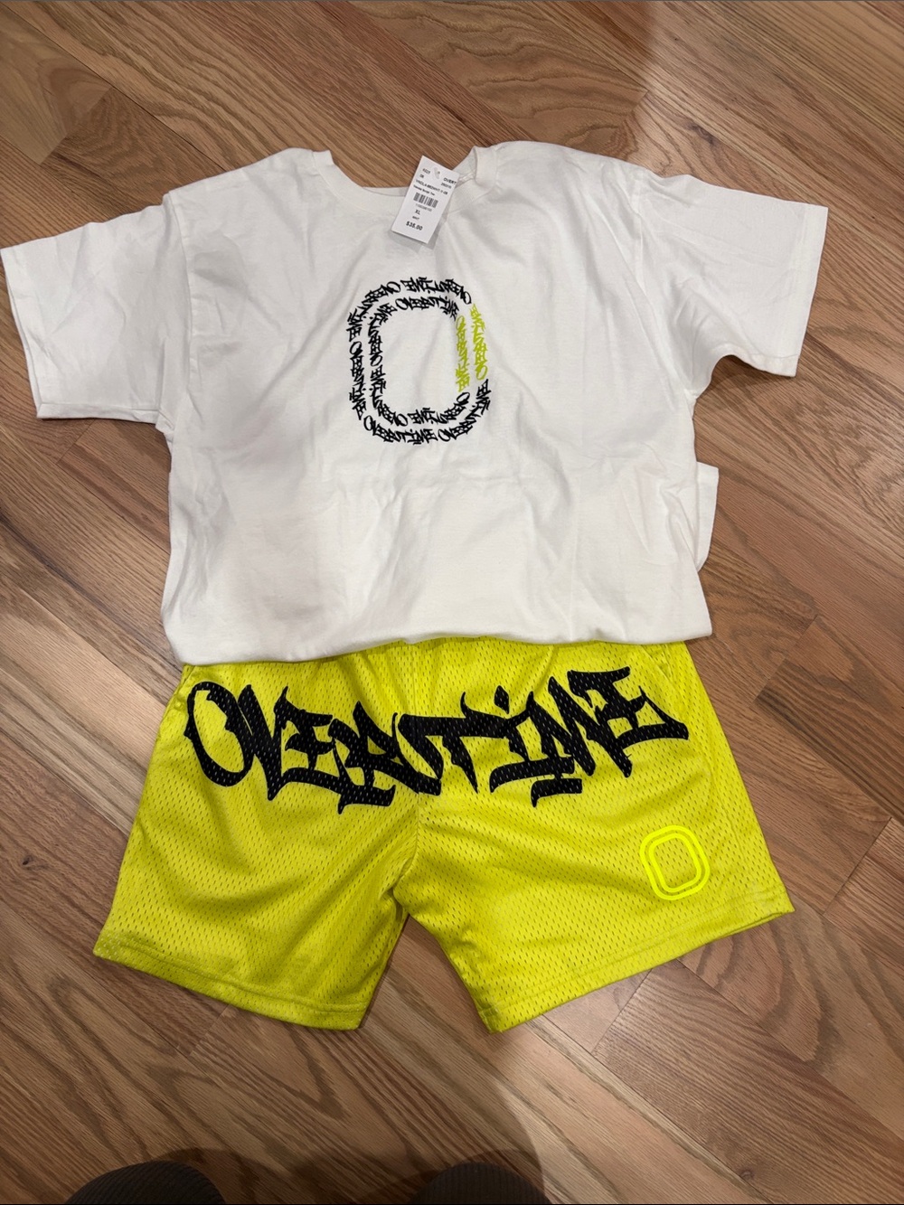 Overtime Kids White Tee & Neon Yellow Mesh Shorts Matching Set